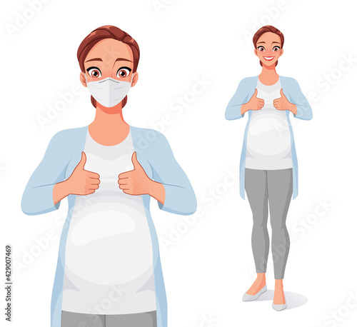 Smiling pregnant woman in mask showing thumbs up. Vector illustration.