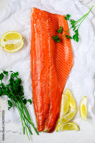 Raw salmon.top view. photo