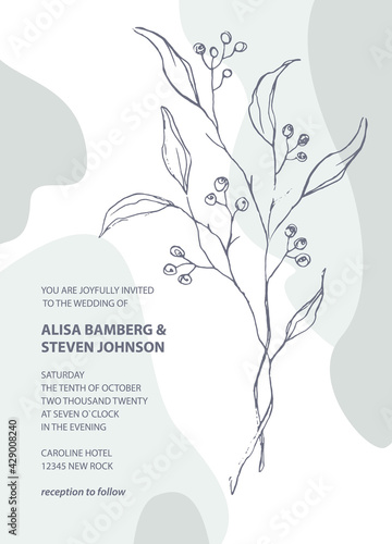 elegant minimalistic template background, invitation or card with modern abstract organic wavy shapes and outlined floral element in pastel color palette