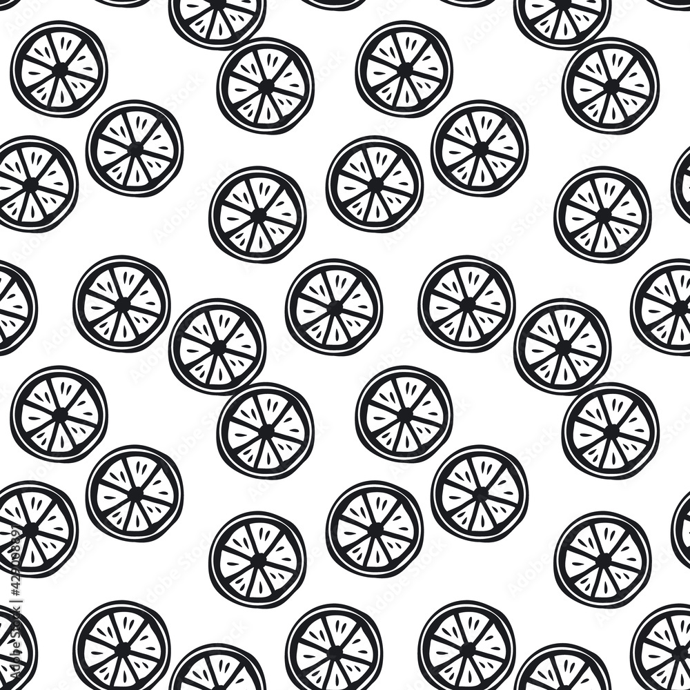 black and white seamless pattern with stylized citrus slices, endless repeatable texture