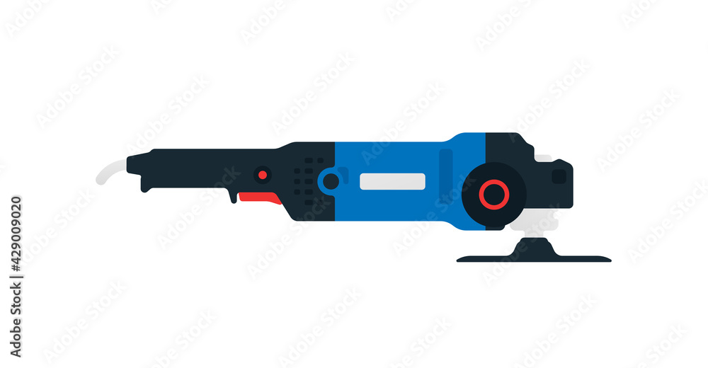 Angle grinder, cordless grinder side view. Power tools for home, construction and finishing work. Professional worker tool. Vector illustration isolated on white background.
