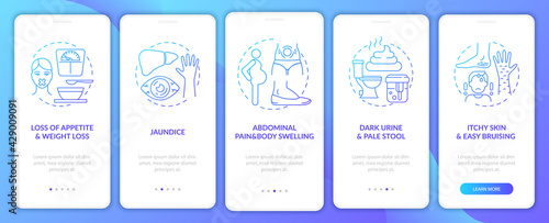 Liver disease marks onboarding mobile app page screen with concepts. Dark urine, itchy skin walkthrough 5 steps graphic instructions. UI, UX, GUI vector template with linear color illustrations