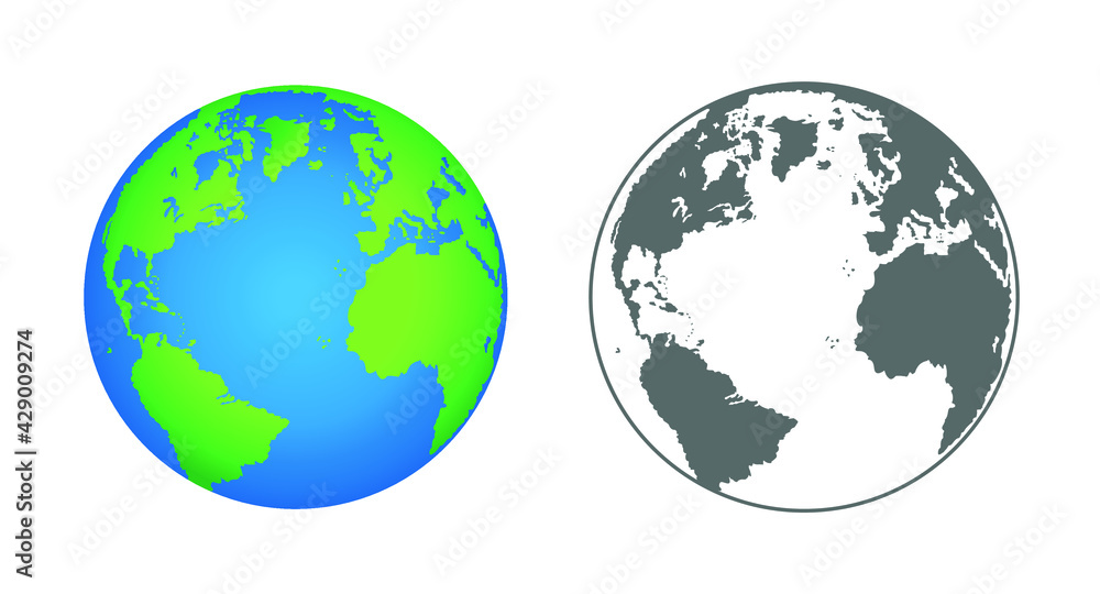 World globe earth map in color and black and white vector illustrator.