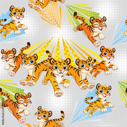 Seamless pattern with cute running tigers gray