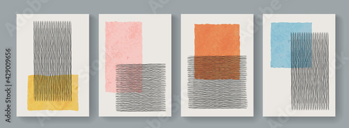 Trendy set of geometrical minimalist mid century modern posters. Abstract boho style backgrounds. Cute colorful contemporary art minimal placards.