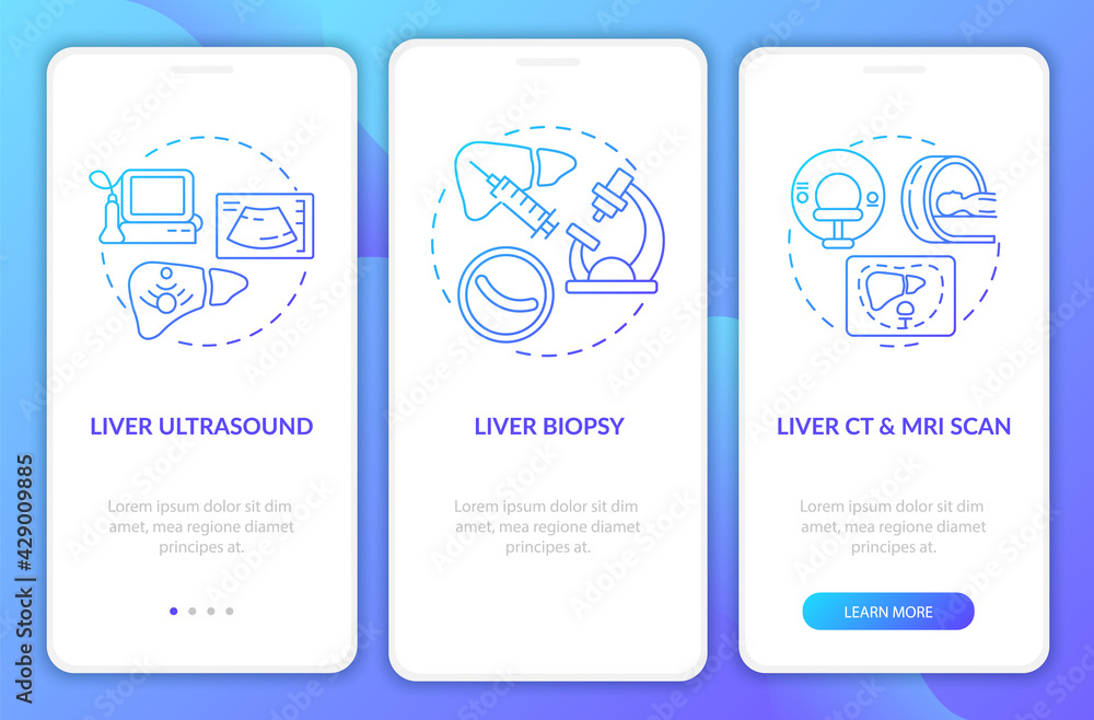 Liver examination onboarding mobile app page screen with concepts. CT and MRI scanning walkthrough 3 steps graphic instructions. UI, UX, GUI vector template with linear color illustrations