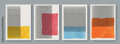 Trendy set of geometrical minimalist mid century modern posters. Abstract boho style backgrounds. Cute colorful contemporary art minimal placards.