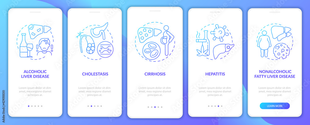 Liver disease types onboarding mobile app page screen with concepts. Hepatitis, fatty liver walkthrough 5 steps graphic instructions. UI, UX, GUI vector template with linear color illustrations