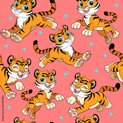 Seamless pattern with cartoon happy and cute tigers