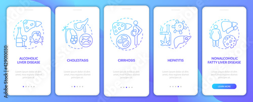Liver disease types onboarding mobile app page screen with concepts. Hepatitis, fatty liver walkthrough 5 steps graphic instructions. UI, UX, GUI vector template with linear color illustrations