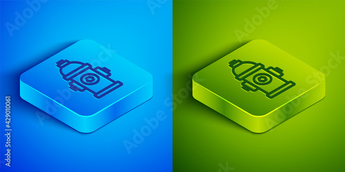 Isometric line Fire hydrant icon isolated on blue and green background. Square button. Vector