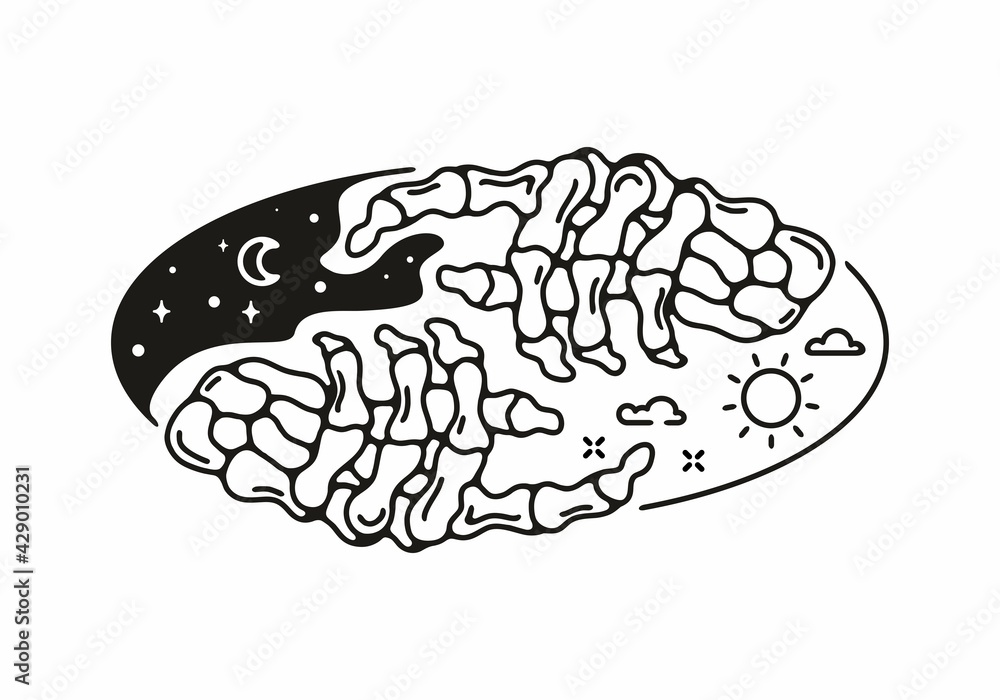 Black line art illustration of day and night skeleton Black line art illustration of day and night skeleton