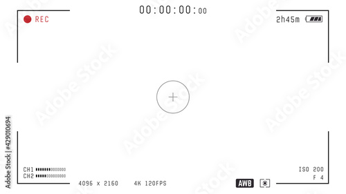 Video camera viewfinder overlay. 16:9 template. Full hd or 4k format with 120 fps. Camera frame vector template. Black lines and text, rec icon with information and timing on transparent background. 