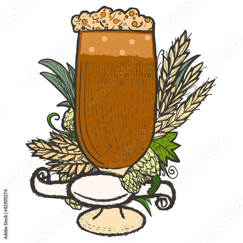 Beer label in a glass with hops, wheat spikelets and blank ribbon color.