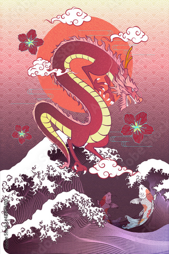 Abstract Art Japanese Flying Ferocious Purple Dragon Side View with Red Sun with A bunch of Clouds with Scattering Sakura Flowers and the Torrential wave with Carp KOI Fish below Template Design