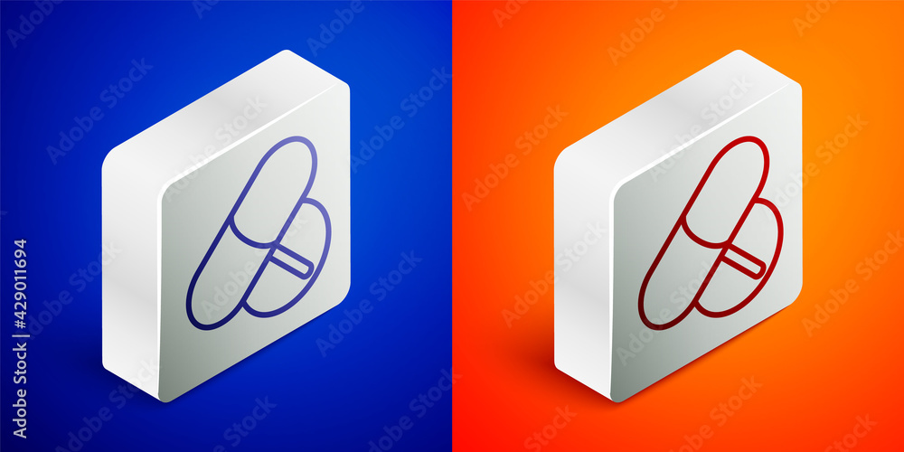 Isometric line Medicine pill or tablet icon isolated on blue and orange background. Capsule pill and drug sign. Pharmacy design. Silver square button. Vector Isometric line Medicine pill or tablet icon isolated on blue and orange background. Capsule pill and drug sign. Pharmacy design. Silver square button. Vector