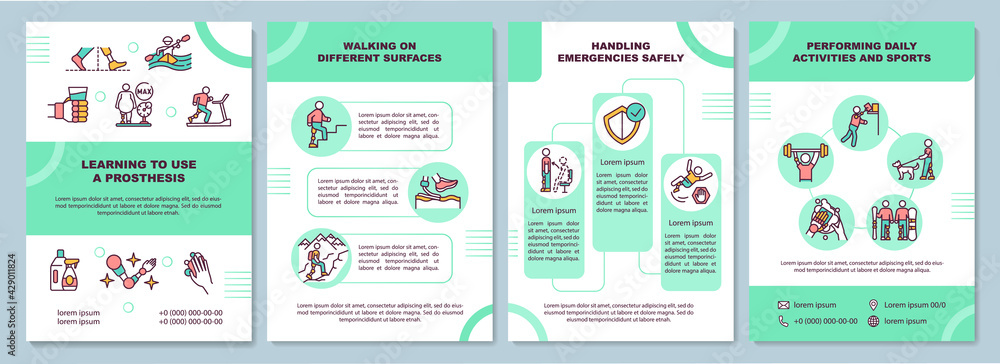 Learning to use a prosthesis brochure template. Different surfaces. Flyer, booklet, leaflet print, cover design with linear icons. Vector layouts for presentation, annual reports, advertisement pages