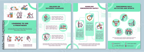 Learning to use a prosthesis brochure template. Different surfaces. Flyer, booklet, leaflet print, cover design with linear icons. Vector layouts for presentation, annual reports, advertisement pages