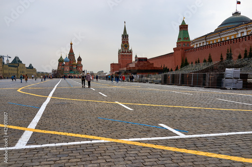 Photography MOSCOW,RUSSIAN FEDERATION-APRIL 20,2021: New road markings on Red Square