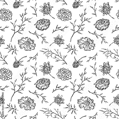 black and white outlined sketchy florals seamless pattern, endless repeatable flower texture