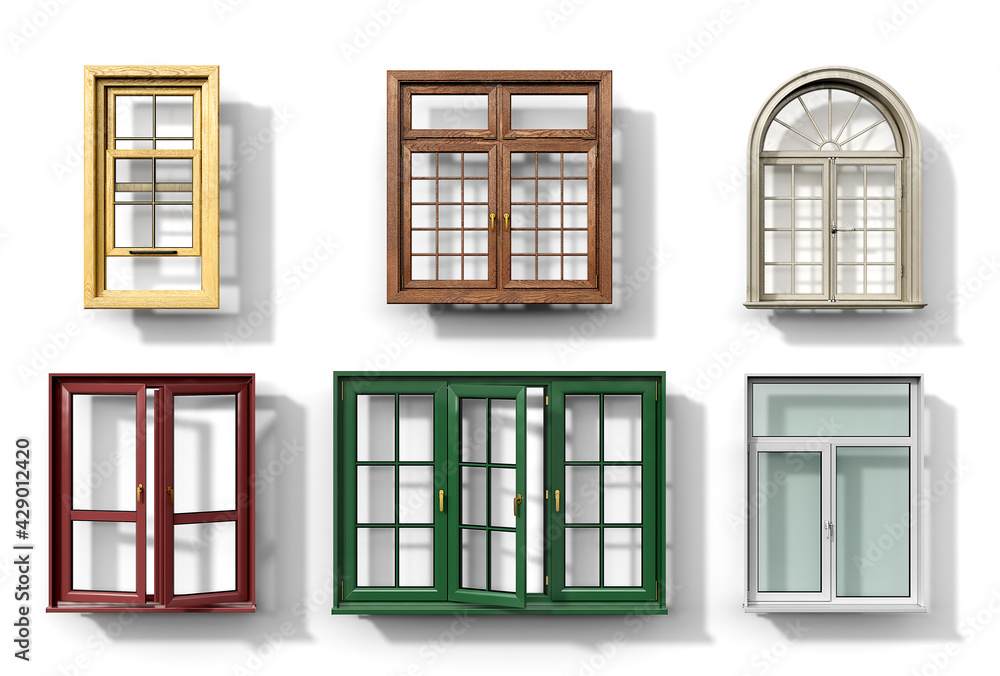 Set of different windows isolated on a white background, 3d illustration