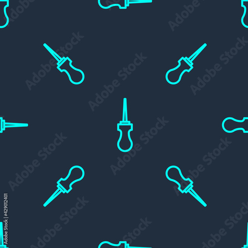 Green line Awl tool with wooden handle icon isolated seamless pattern on blue background. Work equipment tailor industry. Vector
