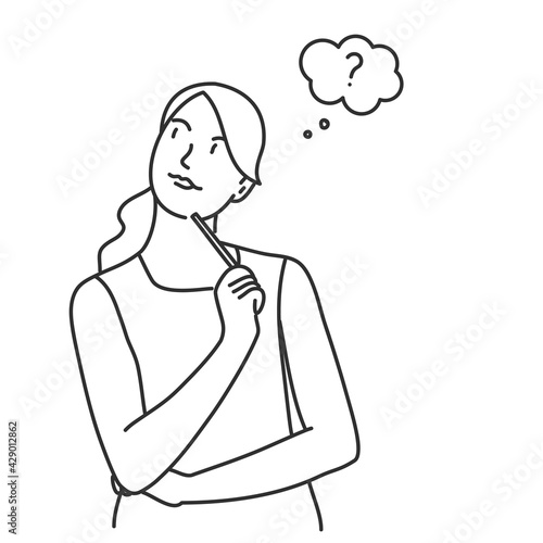 Young woman is thinking about something with a pen near her chin.
