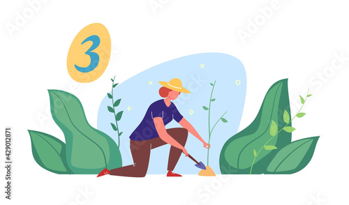 Work in the park, garden, landscape design, planting young trees, landscaping. Vector illustration in flat cartoon style.