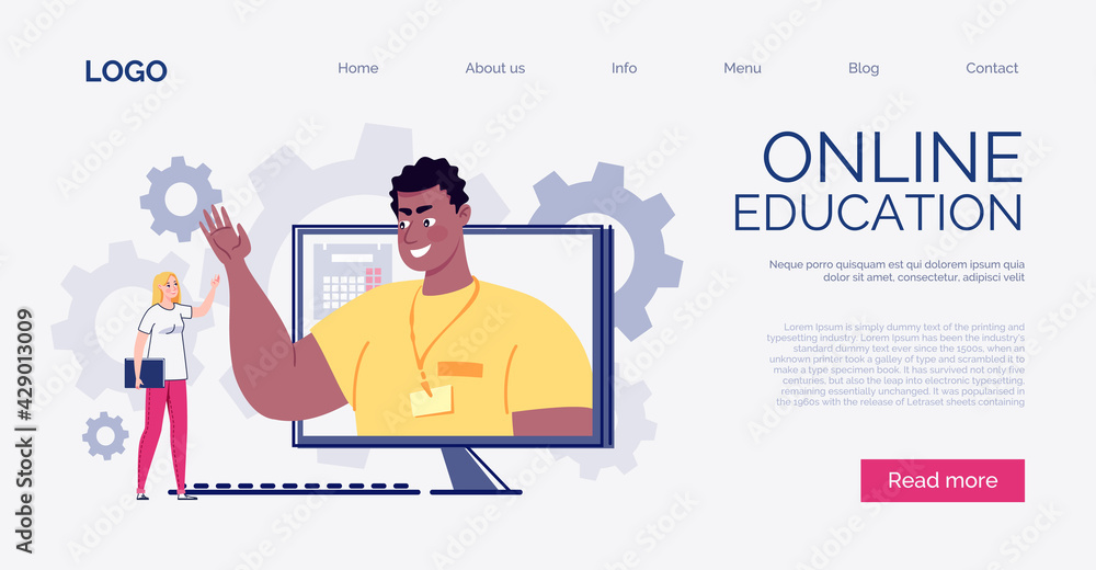 Website Template. E-learning, online learning. Technology and digital culture. The teacher teaches the student online. Vector illustration.
