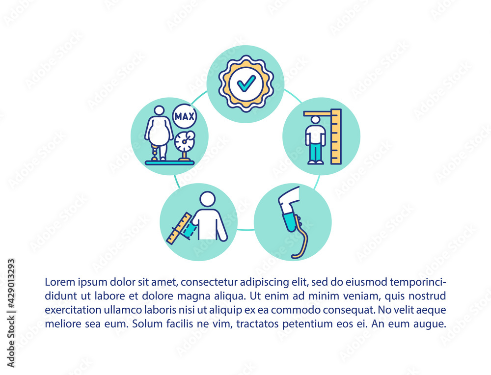 Suspension and size availability concept line icons with text. PPT page vector template with copy space. Brochure, magazine, newsletter design element. Prosthesis create linear illustrations on white