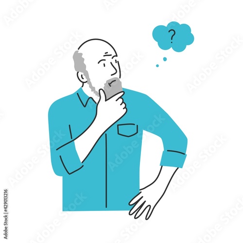 Gray-haired elderly man with beard holding his chin and thinks.