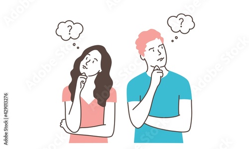 Cute couple are thinking about something.