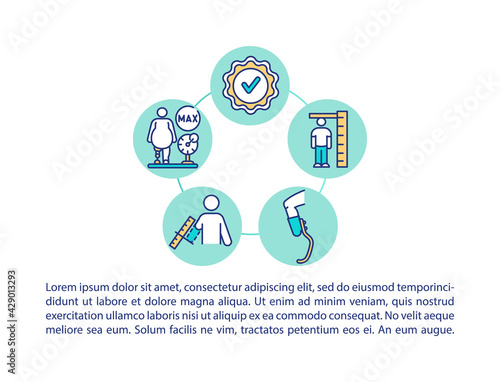 Suspension and size availability concept line icons with text. PPT page vector template with copy space. Brochure, magazine, newsletter design element. Prosthesis create linear illustrations on white