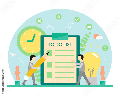 2 men consulting each other what they want to checklist in to do list report. To do list concept vector