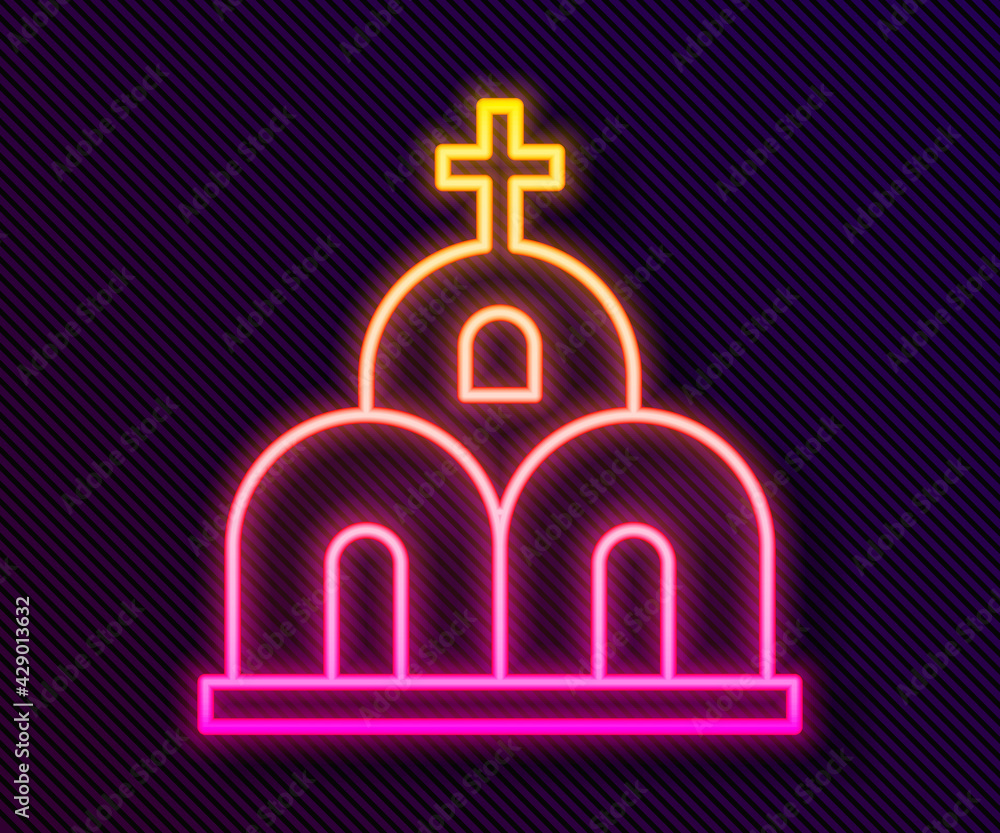 Glowing neon line Church building icon isolated on black background. Christian Church. Religion of church. Vector Glowing neon line Church building icon isolated on black background. Christian Church. Religion of church. Vector