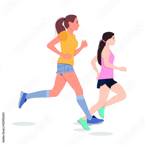 Girls on the run in cartoon style on a white background. Greeting card, banner, poster. The concept of the holiday. Cartoon style. Sports poster. 