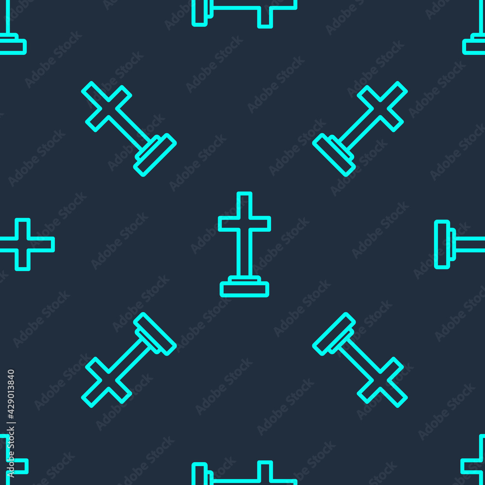 Green line Grave with cross icon isolated seamless pattern on blue background. Vector