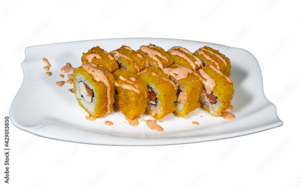 sushi and rolls with fish and oats on a white background sushi and rolls with fish and oats on a white background