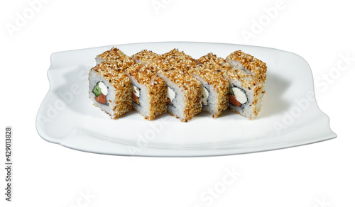 sushi and rolls with fish and oats on a white background