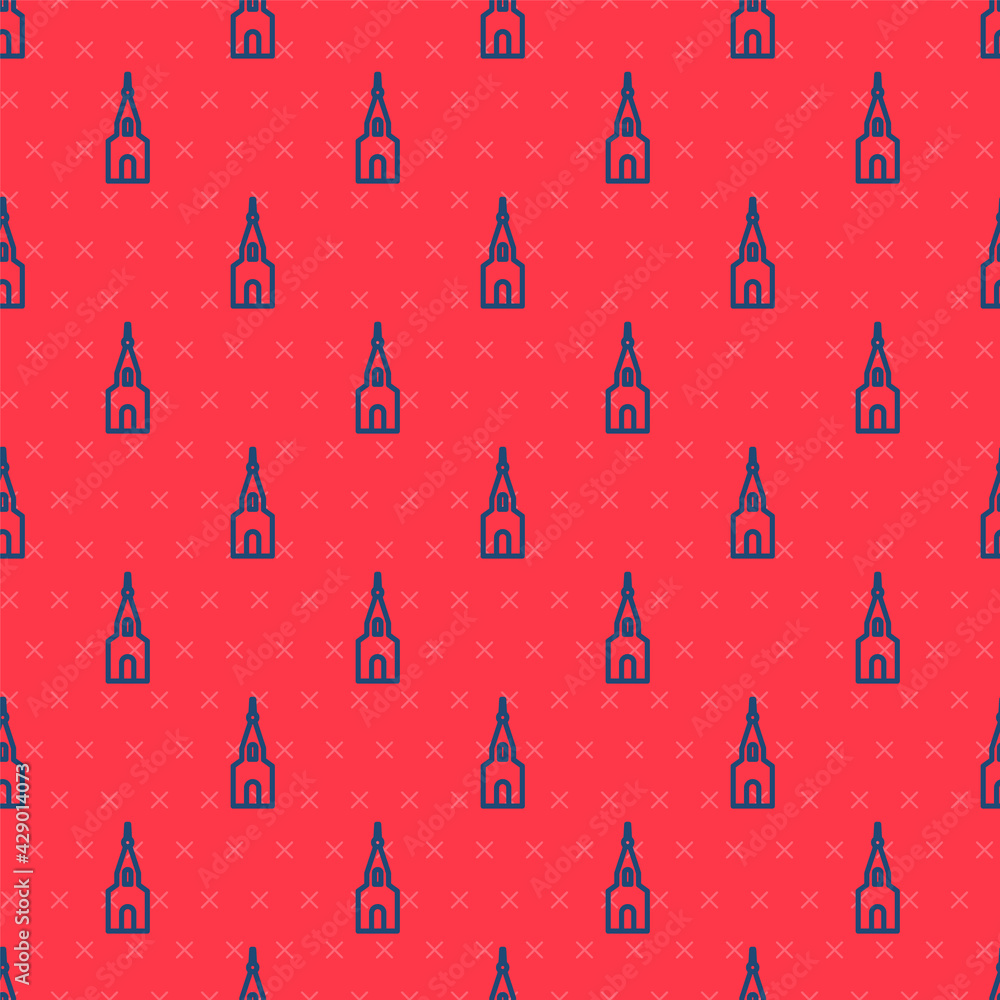 Blue line Church building icon isolated seamless pattern on red background. Christian Church. Religion of church. Vector Blue line Church building icon isolated seamless pattern on red background. Christian Church. Religion of church. Vector