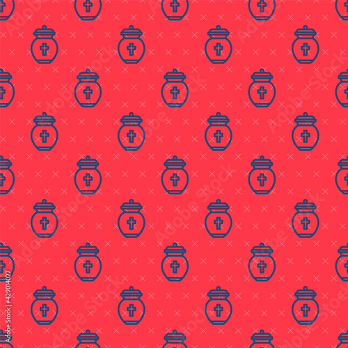 Blue line Funeral urn icon isolated seamless pattern on red background. Cremation and burial containers, columbarium vases, jars and pots with ashes. Vector