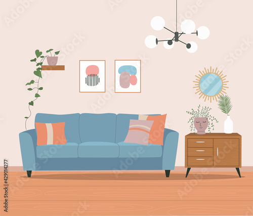 Living room interior. Vector flat cartoon illustration