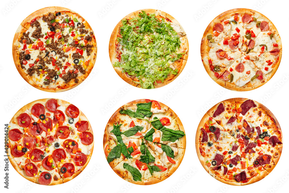 Isolated assorted variety of pizzas collage menu design on the white background Isolated assorted variety of pizzas collage menu design on the white background
