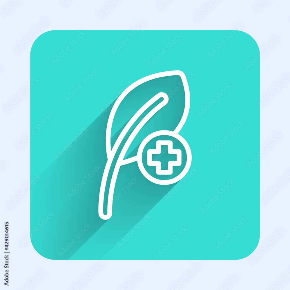 White line Leaf icon isolated with long shadow. Leaves sign. Fresh natural product symbol. Green square button. Vector White line Leaf icon isolated with long shadow. Leaves sign. Fresh natural product symbol. Green square button. Vector