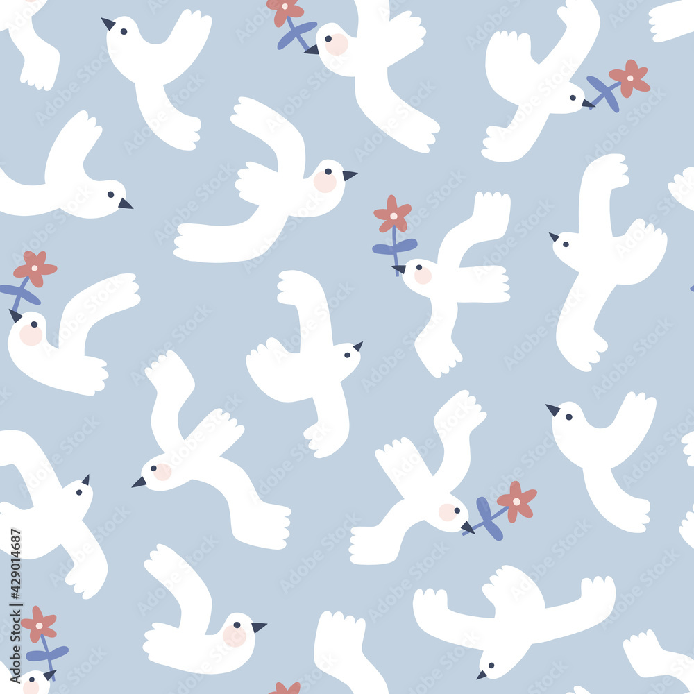 Peace bird with spring flower fly in blue sky vector seamless pattern. Simple decorative Scandinavian style back. Nursery Kid fabric design. Peace bird with spring flower fly in blue sky vector seamless pattern. Simple decorative Scandinavian style back. Nursery Kid fabric design.