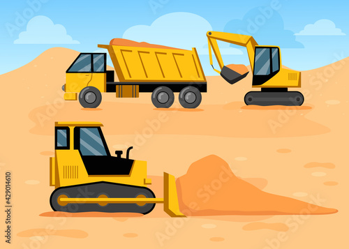Cartoon truck, excavator and bulldozer on construction site. Yellow construction machinery digging soil or ground, construction site flat vector illustration. Construction, industry, earthwork concept