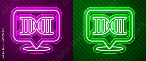 Glowing neon line DNA symbol icon isolated on purple and green background. Vector