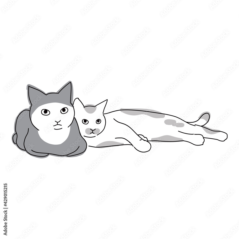 Obraz premium 床に寝転がっている二匹の仲良しな猫の全身イラスト
