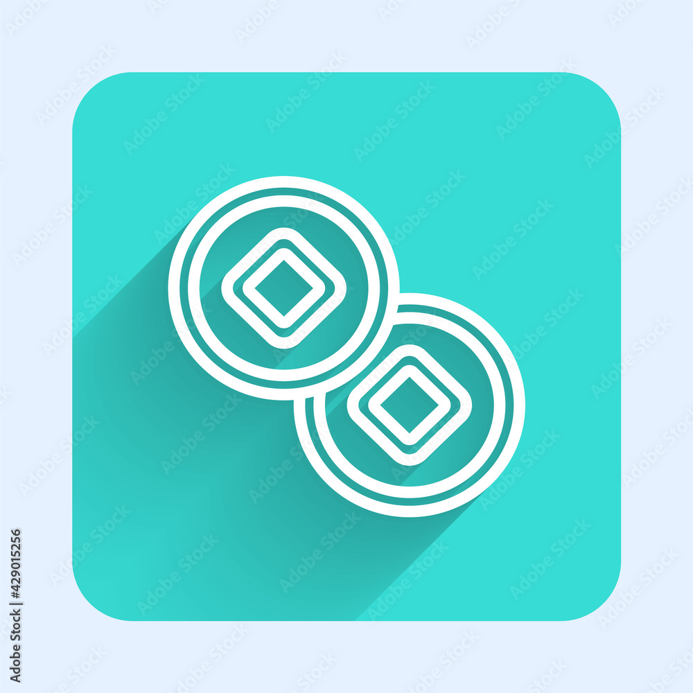 White line Chinese Yuan currency symbol icon isolated with long shadow. Coin money. Banking currency sign. Cash symbol. Green square button. Vector White line Chinese Yuan currency symbol icon isolated with long shadow. Coin money. Banking currency sign. Cash symbol. Green square button. Vector