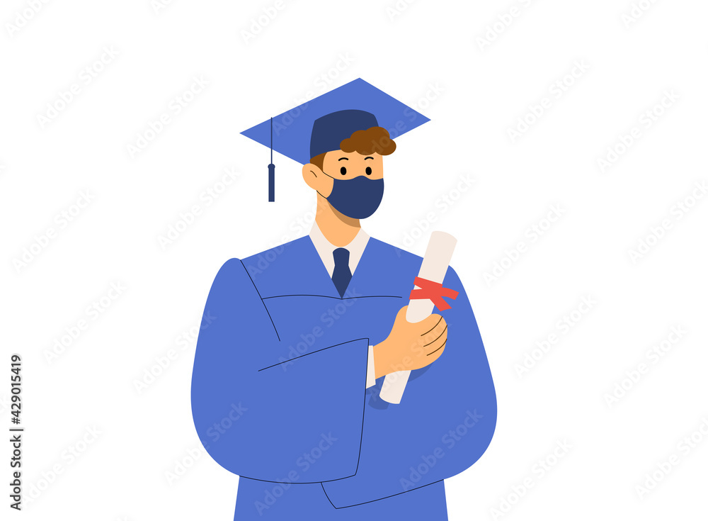 Graduate student wears protective mask with diploma. Concept graduation ceremony, quarantine coronavirus pandemic 2021 Graduate student wears protective mask with diploma. Concept graduation ceremony, quarantine coronavirus pandemic 2021